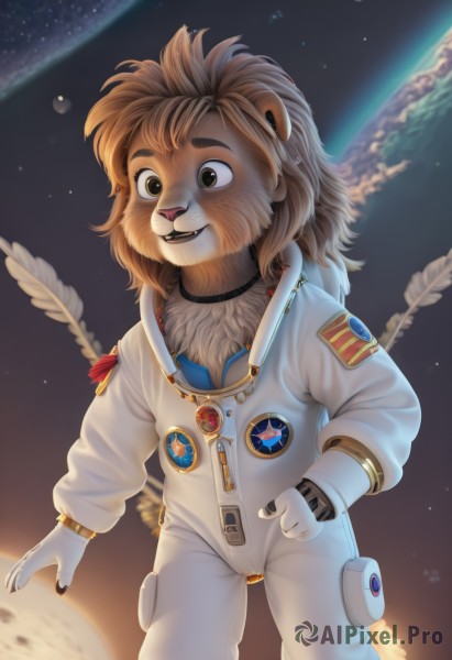 solo,smile,open mouth,brown hair,long sleeves,1boy,animal ears,brown eyes,jewelry,standing,tail,male focus,teeth,choker,artist name,white gloves,signature,hand on hip,thick eyebrows,feathers,star (sky),furry,1other,space,furry male,body fur,lion ears,planet,animal nose,earth (planet),lion tail,spacesuit,lion,lion boy,astronaut,gloves,fangs,freckles,badge,brown fur