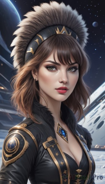 1girl,solo,breasts,looking at viewer,bangs,brown hair,cleavage,brown eyes,jewelry,medium breasts,jacket,upper body,hairband,earrings,parted lips,open clothes,sky,artist name,signature,medium hair,necklace,star (symbol),lips,black jacket,fur trim,eyelashes,makeup,lipstick,gem,star (sky),snow,pendant,starry sky,realistic,nose,red lips,eyeliner,space,planet,earth (planet),mascara,short hair,closed mouth,bra