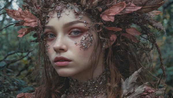 1girl,solo,long hair,looking at viewer,blue eyes,brown hair,hair ornament,jewelry,outdoors,parted lips,teeth,blurry,lips,grey eyes,eyelashes,makeup,depth of field,blurry background,leaf,feathers,portrait,freckles,realistic,red lips,feather hair ornament,tree,plant,nature,close-up,nose