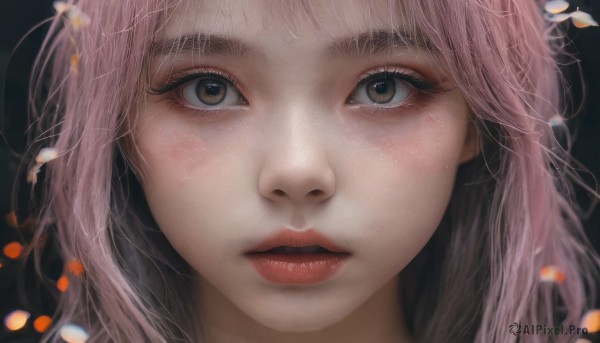 1girl, solo, long hair, looking at viewer, bangs, brown eyes, pink hair, parted lips, blurry, lips, eyelashes, portrait, close-up, realistic, nose, red lips, eye focus