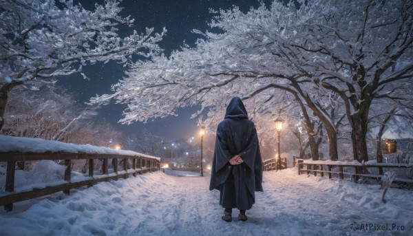 solo,long sleeves,1boy,standing,male focus,outdoors,japanese clothes,sky,hood,kimono,from behind,tree,night,arms behind back,own hands together,star (sky),night sky,scenery,cloak,snow,hood up,starry sky,lantern,snowing,railing,facing away,wide shot,winter,bridge,lamppost,bare tree,ambiguous gender,building,1other,fence,road,bench,house,hooded cloak,black cloak,park