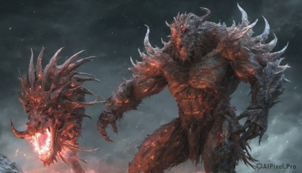 A monster set against the backdrop of a captivating rainy outdoors