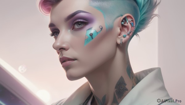 1girl,solo,looking at viewer,short hair,jewelry,blue hair,pink hair,multicolored hair,earrings,parted lips,teeth,black eyes,two-tone hair,lips,grey eyes,eyelashes,aqua hair,tattoo,makeup,facial mark,piercing,lipstick,ear piercing,portrait,eyeshadow,freckles,realistic,nose,eyeliner,very short hair,undercut,mascara,neck tattoo,nose piercing,facial tattoo