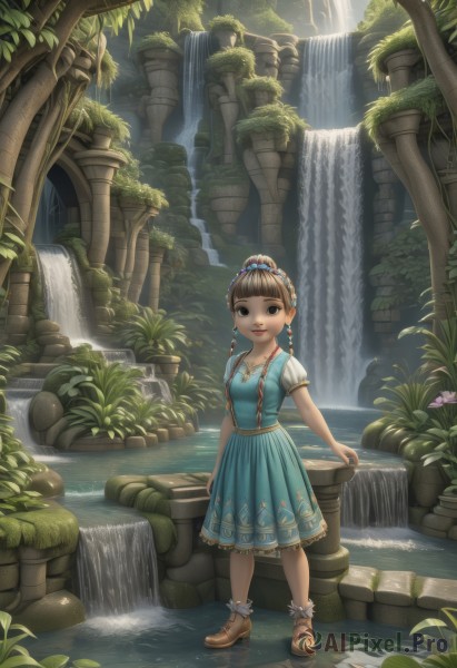 1girl,solo,long hair,breasts,looking at viewer,smile,open mouth,bangs,skirt,brown hair,hair ornament,dress,brown eyes,jewelry,standing,full body,braid,flower,short sleeves,earrings,small breasts,outdoors,shoes,day,socks,puffy sleeves,artist name,blunt bangs,water,black eyes,twin braids,tree,puffy short sleeves,lips,blue dress,brown footwear,sandals,sunlight,plant,child,nature,scenery,mary janes,forest,rock,fantasy,potted plant,bobby socks,pillar,river,waterfall,lily pad,arch,moss,pond,column,fountain,ribbon,collarbone,:d,necklace,hair bun,floral print,anklet