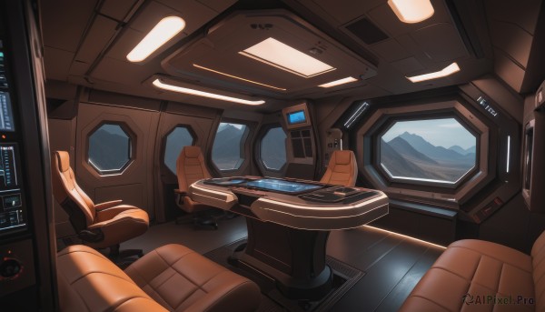 indoors,no humans,window,robot,scenery,mecha,reflection,science fiction,realistic,monitor,spacecraft,cockpit,screen,seat,chair,space