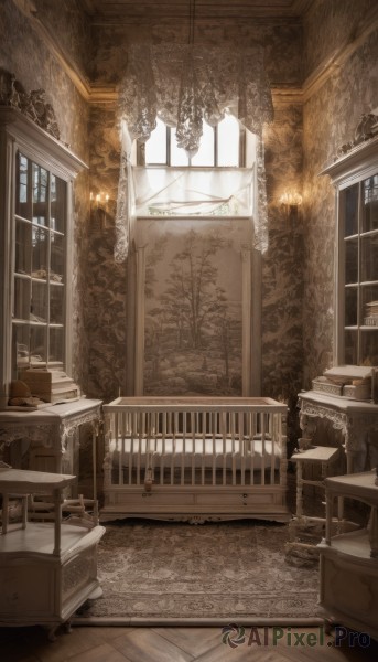 day,indoors,tree,book,no humans,window,chair,table,sunlight,plant,curtains,box,scenery,wooden floor,stairs,lamp,candle,shelf,ceiling,carpet,candlestand,rug,chandelier,fireplace,desk,bookshelf,cabinet