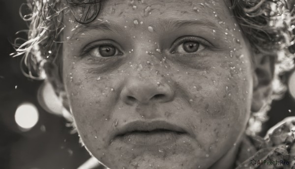 1girl,solo,looking at viewer,short hair,1boy,closed mouth,monochrome,greyscale,male focus,blurry,lips,depth of field,blurry background,moon,looking up,portrait,close-up,bubble,underwater,realistic,air bubble,freckles,dirty