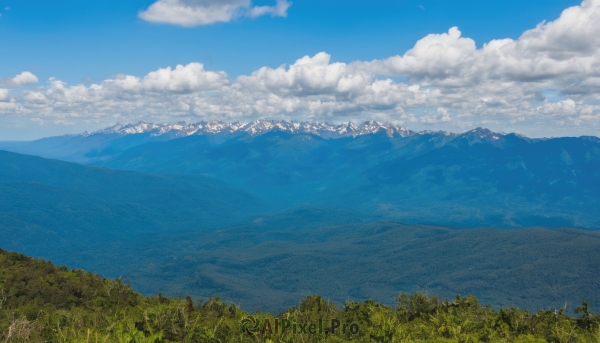 outdoors,sky,day,cloud,tree,blue sky,no humans,cloudy sky,grass,nature,scenery,forest,mountain,horizon,field,landscape,mountainous horizon,hill,water,ocean