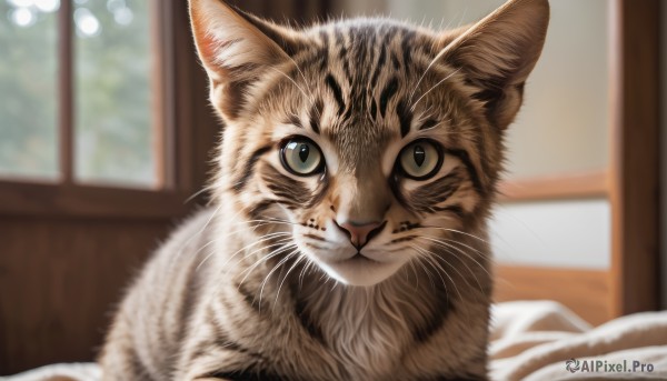 solo,looking at viewer,closed mouth,green eyes,indoors,blurry,no humans,window,depth of field,blurry background,animal,cat,close-up,realistic,animal focus,whiskers,heterochromia,portrait,colored sclera