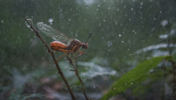 solo, outdoors, wings, sky, blurry, no humans, bug, scenery, flying, rain, water drop, antennae, insect wings