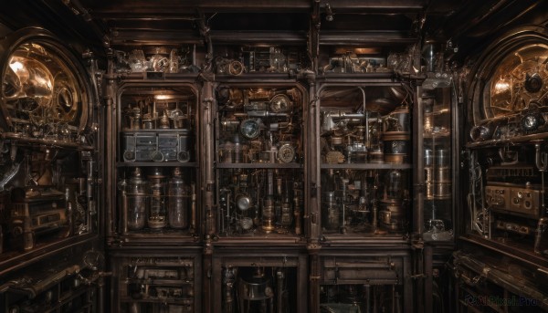 indoors,book,dutch angle,no humans,window,chain,bottle,scenery,clock,bookshelf,shelf,gears,steampunk,loaded interior,mask,stairs,fantasy,jar