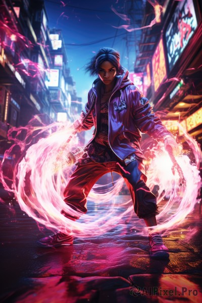 solo,looking at viewer,short hair,shirt,black hair,1boy,jewelry,standing,jacket,full body,male focus,outdoors,open clothes,shoes,belt,pants,hood,necklace,blurry,open jacket,night,glowing,watermark,fire,blue jacket,building,sneakers,city,magic,road,aura,street,cyberpunk,neon lights,blue hair