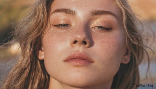 1girl,solo,long hair,blue eyes,brown hair,parted lips,blurry,lips,looking to the side,depth of field,blurry background,looking away,half-closed eyes,portrait,close-up,freckles,realistic,nose,looking at viewer,closed mouth,grey eyes,eyelashes