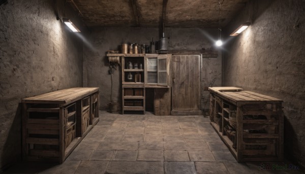 indoors,no humans,bottle,box,scenery,door,light,lamp,stool,shelf,ceiling,light bulb,ceiling light,crate,shadow,chair,table,stairs,tiles,dark,wall,tile floor,cabinet