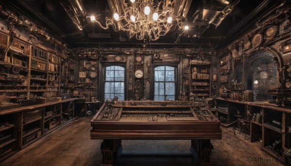 day,indoors,book,dutch angle,no humans,window,chair,table,sunlight,scenery,wooden floor,stairs,door,clock,bookshelf,lamp,architecture,shelf,gears,library,ceiling,carpet,candlestand,ceiling light,chandelier,globe,desk,candle,stool,cabinet