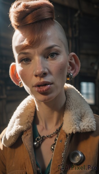 1girl,solo,looking at viewer,short hair,brown hair,shirt,brown eyes,jewelry,jacket,upper body,earrings,parted lips,necklace,hair bun,mole,blurry,black eyes,lips,fur trim,eyelashes,makeup,blurry background,chain,single hair bun,lipstick,portrait,freckles,realistic,nose,teeth,artist name,piercing,backlighting,fur collar