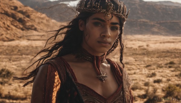 1girl,solo,long hair,breasts,looking at viewer,black hair,dress,cleavage,brown eyes,jewelry,closed mouth,upper body,outdoors,choker,day,dark skin,necklace,blurry,black eyes,lips,depth of field,blurry background,crown,wind,mountain,realistic,desert,medium breasts,thick eyebrows