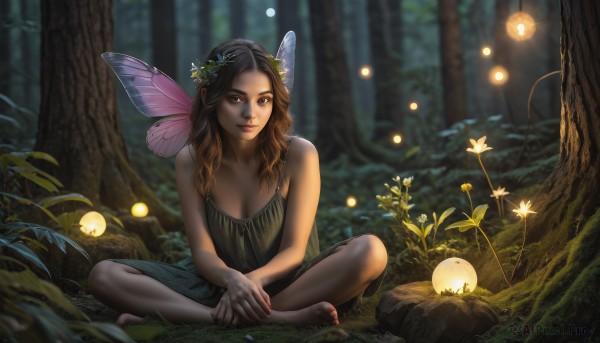 1girl,solo,long hair,breasts,looking at viewer,smile,large breasts,brown hair,hair ornament,cleavage,bare shoulders,brown eyes,medium breasts,sitting,closed mouth,full body,flower,multicolored hair,outdoors,wings,shorts,barefoot,artist name,signature,nail polish,blurry,tree,lips,fingernails,bare arms,gradient hair,toes,night,depth of field,blurry background,leaf,moon,grass,bug,plant,nature,red nails,light particles,full moon,camisole,forest,toenails,realistic,nose,fairy wings,toenail polish,fairy,indian style,head wreath,mushroom,on ground,butterfly wings,moss,fireflies,black hair,dress,collarbone,sleeveless,day,hair flower,feet,sleeveless dress,watermark,sunlight,web address,green dress,dirty feet