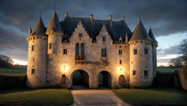 HQ,outdoors,sky,day,cloud,tree,no humans,window,cloudy sky,grass,building,nature,scenery,mountain,fantasy,road,house,castle,tower,path,church,stairs,door,light,architecture,bridge,landscape,arch,gate