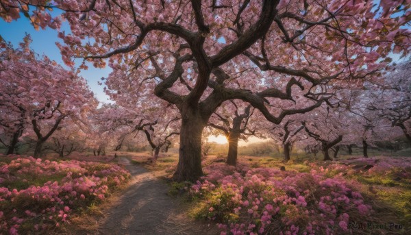 flower, outdoors, sky, day, cloud, tree, blue sky, no humans, sunlight, grass, cherry blossoms, nature, scenery, road, field, path