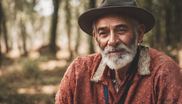 solo,looking at viewer,shirt,1boy,hat,closed mouth,upper body,white hair,grey hair,male focus,outdoors,collared shirt,blurry,depth of field,blurry background,facial hair,red shirt,beard,realistic,mustache,manly,old,old man,fedora,fur trim,facing viewer,wrinkled skin