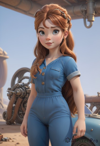 1girl,solo,long hair,breasts,looking at viewer,smile,brown hair,shirt,brown eyes,standing,braid,short sleeves,cowboy shot,outdoors,parted lips,day,pants,blurry,lips,thick eyebrows,blue shirt,denim,ground vehicle,motor vehicle,freckles,curly hair,pocket,car,overalls,jumpsuit,body freckles,blue overalls,blush,blue eyes,very long hair,red hair,blurry background,jeans