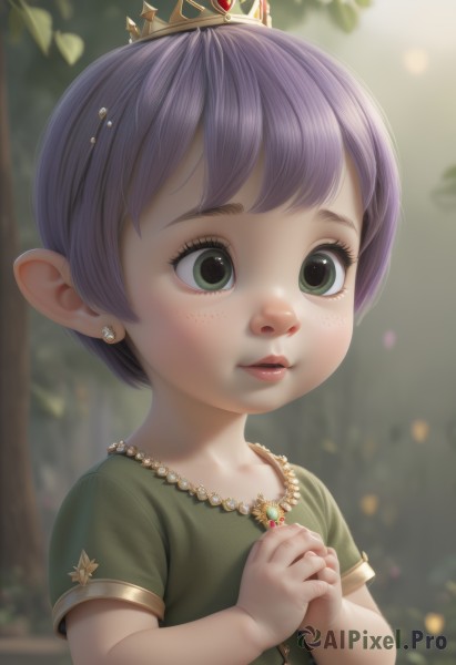 1girl,solo,short hair,bangs,shirt,dress,jewelry,green eyes,upper body,purple hair,short sleeves,earrings,outdoors,parted lips,day,pointy ears,necklace,blurry,tree,lips,eyelashes,depth of field,blurry background,own hands together,tiara,crown,gem,child,nature,forest,freckles,green dress,green shirt,female child,own hands clasped,artist name,realistic,nose