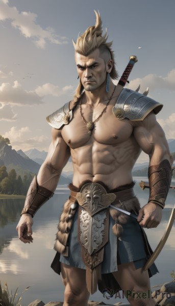 solo,looking at viewer,short hair,blonde hair,brown hair,1boy,navel,brown eyes,jewelry,closed mouth,nipples,standing,weapon,braid,male focus,earrings,outdoors,sky,shorts,day,sword,artist name,cloud,water,necklace,stomach,armor,tattoo,muscular,feet out of frame,facial hair,bird,scar,abs,thick eyebrows,cloudy sky,pectorals,muscular male,shoulder armor,gauntlets,bara,beard,scar on face,large pectorals,veins,pauldrons,topless male,mountain,mature male,scar across eye,vambraces,bracer,manly,bare pectorals,shoulder pads,chest hair,biceps,navel hair,single pauldron,tooth necklace,holding,holding weapon,sunset,realistic,arrow (projectile)