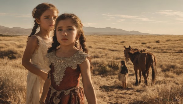 long hair,looking at viewer,multiple girls,skirt,brown hair,black hair,hair ornament,dress,2girls,twintails,closed mouth,standing,braid,flower,outdoors,sky,sleeveless,day,3girls,white dress,twin braids,lips,sleeveless dress,siblings,animal,red dress,grass,sisters,child,scenery,freckles,twins,mountain,realistic,female child,field,horse,mountainous horizon,blue eyes,hill,fine art parody,horseback riding,cow