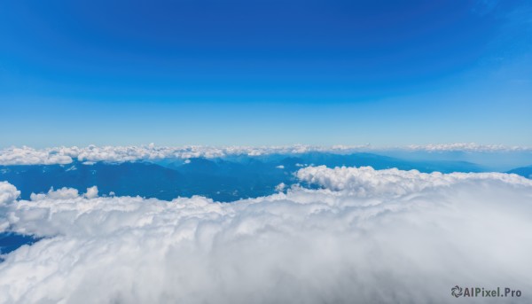 monochrome,outdoors,sky,day,cloud,blue sky,no humans,ocean,cloudy sky,scenery,blue theme,mountain,horizon,landscape,above clouds,water