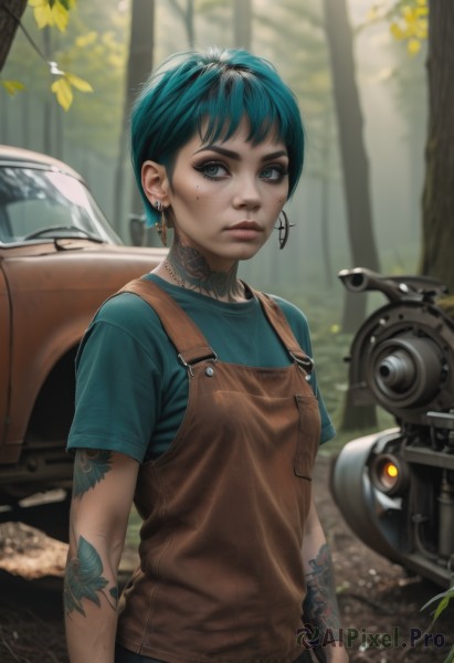 1girl,solo,looking at viewer,short hair,bangs,blue eyes,shirt,jewelry,closed mouth,blue hair,upper body,short sleeves,earrings,small breasts,outdoors,choker,day,artist name,mole,blurry,tree,lips,mole under eye,aqua hair,tattoo,makeup,depth of field,blurry background,leaf,piercing,cross,blue shirt,denim,ground vehicle,t-shirt,ear piercing,nature,motor vehicle,forest,freckles,realistic,nose,car,overalls,arm tattoo,motorcycle,cross earrings,neck tattoo,breasts,standing,cowboy shot,green hair,pants,lipstick,eyeshadow,pocket,green shirt,red lips,eyeliner,mascara,aqua shirt,blue overalls