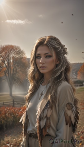 1girl,solo,long hair,looking at viewer,blonde hair,brown hair,shirt,long sleeves,brown eyes,jewelry,jacket,white shirt,upper body,outdoors,parted lips,open clothes,sky,day,belt,pants,necklace,blurry,tree,lips,grey eyes,blurry background,leaf,wavy hair,sunlight,feathers,freckles,realistic,nose,fence,sun,autumn leaves,autumn,breasts,skirt,braid,artist name,brown belt,falling leaves