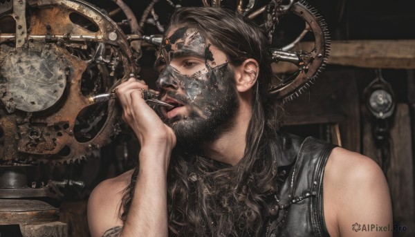 solo,long hair,looking at viewer,brown hair,black hair,1boy,holding,bare shoulders,upper body,male focus,sleeveless,hand up,blurry,black eyes,mask,facial hair,eyepatch,beard,realistic,smoking,gears,steampunk,brown eyes,tongue,armor,lips,portrait,licking