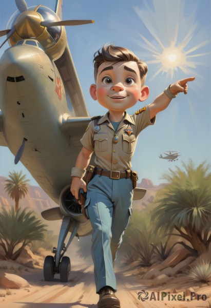 solo,looking at viewer,smile,brown hair,shirt,1boy,holding,brown eyes,full body,short sleeves,male focus,outdoors,sky,day,belt,pants,uniform,tree,blue sky,military,pointing,child,walking,aircraft,palm tree,sun,blue pants,airplane,male child,desert,blush,short hair,open mouth,teeth,sunlight,headwear removed