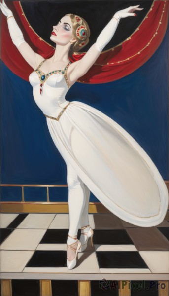 1girl,solo,breasts,blush,blue eyes,brown hair,hair ornament,gloves,dress,bare shoulders,jewelry,medium breasts,standing,full body,pantyhose,earrings,parted lips,elbow gloves,white gloves,armpits,white dress,high heels,arms up,makeup,white footwear,tiara,looking up,lipstick,curtains,bridal gauntlets,red nails,white pantyhose,red lips,dancing,checkered floor,ballerina,ballet slippers,ballet,collarbone,braid,small breasts,necklace,cape,nail polish,leotard,lips,see-through,profile,gem,pale skin,eyeshadow,gold trim,tiptoes,gold,red gemstone,tutu