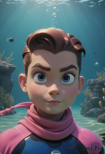 1girl,solo,looking at viewer,smile,short hair,blue eyes,brown hair,brown eyes,closed mouth,upper body,artist name,water,scarf,armor,lips,bodysuit,ocean,sunlight,portrait,freckles,fish,bubble,light rays,rock,underwater,nose,air bubble,very short hair,superhero,pink scarf,aged down,backlighting,coral,aquarium