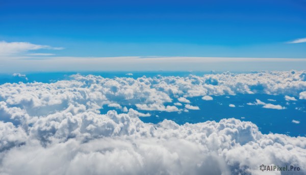 monochrome,outdoors,sky,day,cloud,water,blue sky,no humans,ocean,cloudy sky,scenery,blue theme,horizon,above clouds