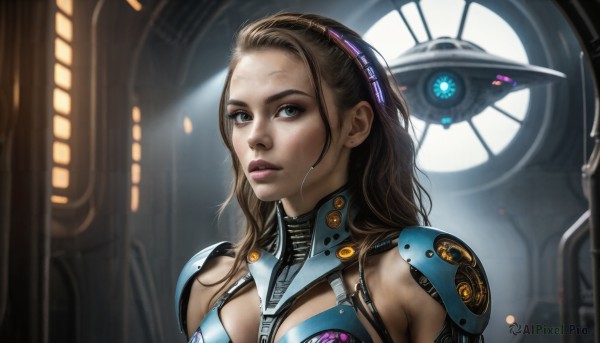 HQ,1girl,solo,long hair,breasts,looking at viewer,blue eyes,brown hair,upper body,parted lips,armor,lips,bodysuit,makeup,freckles,science fiction,realistic,nose,dirty,jewelry,earrings,indoors,robot,portrait,close-up,cyborg,cyberpunk,dirty face