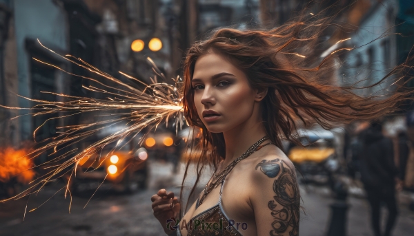 1girl,solo,long hair,breasts,looking at viewer,blue eyes,brown hair,bare shoulders,brown eyes,jewelry,medium breasts,upper body,outdoors,parted lips,solo focus,necklace,blurry,lips,tattoo,makeup,floating hair,depth of field,blurry background,fire,ground vehicle,wind,building,clenched hand,motor vehicle,city,realistic,nose,car,road,arm tattoo,shoulder tattoo,explosion,fireworks,street,cleavage,nail polish