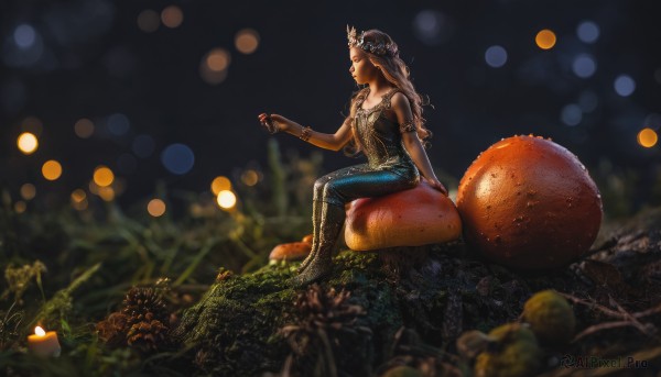 1girl,solo,long hair,breasts,brown hair,hair ornament,holding,bare shoulders,jewelry,sitting,flower,boots,outdoors,food,pants,signature,blurry,bracelet,profile,night,fruit,depth of field,blurry background,arm support,grass,looking up,denim,armlet,minigirl,jeans,blue pants,mushroom,bokeh,shirt,black hair,closed eyes,sleeveless,necklace,from side,lips,crown,plant,curly hair,rock,realistic,fantasy,sitting on object,sitting on rock