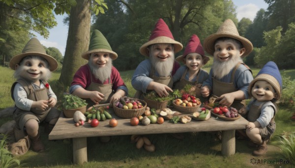 looking at viewer,smile,open mouth,blue eyes,shirt,long sleeves,hat,holding,sitting,male focus,boots,outdoors,food,multiple boys,sky,day,apron,tree,blue sky,witch hat,fruit,facial hair,brown footwear,table,squatting,grass,nature,beard,forest,6+boys,bowl,mustache,apple,basket,overalls,5boys,mushroom,old,old man,wizard hat,wizard,:d,teeth,cloud,bag,suspenders,blue shirt,red shirt,furry,sleeves rolled up,realistic,straw hat,cooking,grapes,vegetable