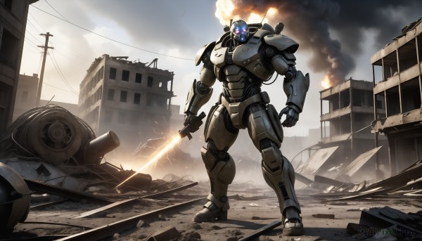 HQ,holding,standing,weapon,outdoors,sky,sword,cloud,holding weapon,armor,military,no humans,glowing,holding sword,fire,robot,ground vehicle,building,clenched hand,mecha,glowing eyes,motor vehicle,smoke,science fiction,city,realistic,military vehicle,car,glowing eye,ruins,tank,power lines,damaged,energy sword,debris,destruction,rubble,solo,explosion,dirty,utility pole,dust,radio antenna,beam saber