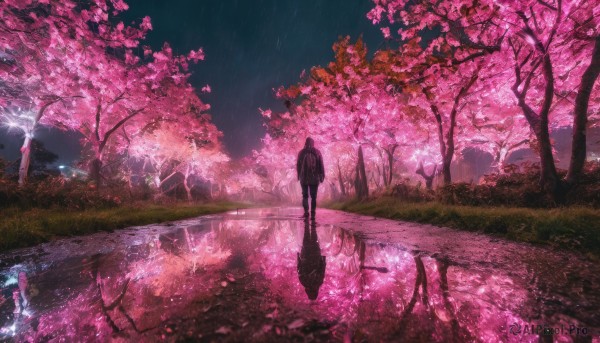 1girl, solo, long hair, standing, outdoors, sky, water, from behind, tree, petals, night, grass, cherry blossoms, scenery, reflection, road