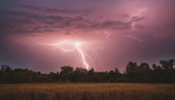 outdoors,sky,cloud,tree,no humans,cloudy sky,grass,nature,scenery,forest,sunset,mountain,electricity,lightning,red sky,purple sky,field,landscape