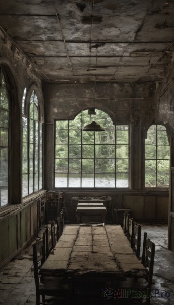 day,indoors,tree,no humans,window,chair,table,sunlight,scenery,tiles,tile floor,ruins,ceiling,wooden chair,wooden floor,ceiling light,overgrown,broken window