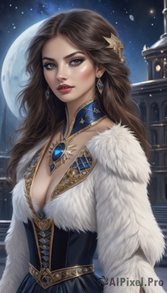 1girl,solo,long hair,breasts,looking at viewer,large breasts,brown hair,hair ornament,dress,cleavage,brown eyes,jewelry,medium breasts,upper body,earrings,outdoors,parted lips,sky,choker,artist name,necklace,lips,fur trim,makeup,night,watermark,wavy hair,moon,lipstick,brooch,gem,star (sky),night sky,corset,full moon,pendant,starry sky,gold trim,realistic,nose,red lips,long sleeves,teeth,stairs