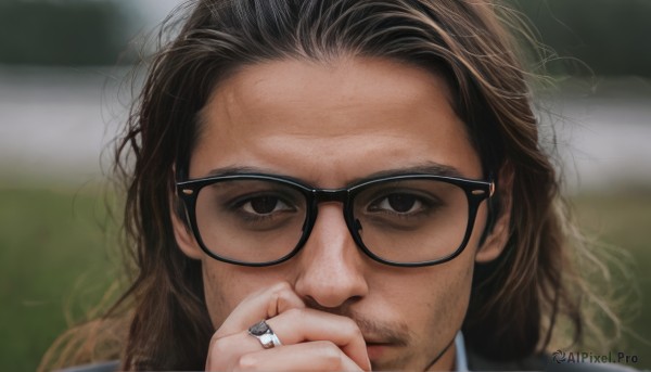 solo,long hair,looking at viewer,brown hair,1boy,holding,brown eyes,jewelry,male focus,glasses,hand up,blurry,black eyes,lips,depth of field,blurry background,facial hair,ring,messy hair,portrait,beard,black-framed eyewear,cigarette,realistic,stubble,close-up,wedding ring