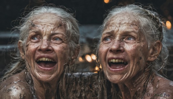 1girl,long hair,smile,open mouth,blue eyes,multiple girls,1boy,2girls,jewelry,white hair,grey hair,earrings,teeth,necklace,blurry,depth of field,blurry background,chain,parody,messy hair,portrait,realistic,old,dirty,old woman,wrinkled skin,:d,hair bun,makeup,single hair bun,lipstick,veins,laughing,old man