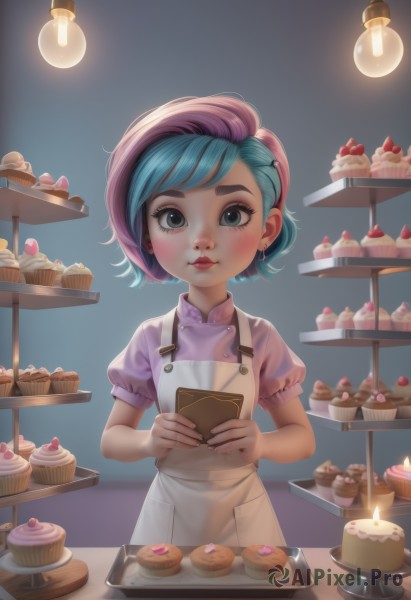 1girl,solo,looking at viewer,blush,smile,short hair,bangs,blue eyes,shirt,hat,dress,holding,jewelry,closed mouth,blue hair,standing,upper body,short sleeves,multicolored hair,earrings,food,puffy sleeves,artist name,indoors,apron,two-tone hair,aqua eyes,puffy short sleeves,lips,eyelashes,aqua hair,buttons,fruit,swept bangs,thick eyebrows,white apron,plate,tray,freckles,cake,pink shirt,nose,waitress,stud earrings,candle,pink headwear,cherry,cupcake,pastry,light bulb,pink hair,makeup,watermark,web address,realistic,card