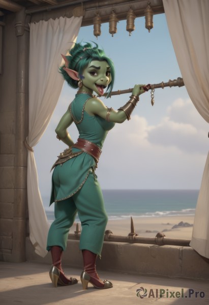 1girl,solo,breasts,looking at viewer,smile,short hair,open mouth,red eyes,holding,brown eyes,jewelry,medium breasts,standing,full body,weapon,ass,earrings,boots,outdoors,green hair,sky,teeth,sleeveless,day,tongue,pointy ears,belt,looking back,pants,cloud,hand up,tongue out,water,from behind,holding weapon,high heels,bracelet,blue sky,hand on hip,colored skin,ocean,fangs,beach,brown footwear,piercing,monster girl,ear piercing,armlet,high heel boots,folded ponytail,nose,bracer,watercraft,green skin,ship,boat,tongue piercing,goblin,gloves,dress,small breasts,lips,sideboob,sleeveless dress,watermark,thick eyebrows,curtains,web address,green dress,hoop earrings,horizon,long pointy ears,fewer digits,nose piercing,shortstack,multiple piercings